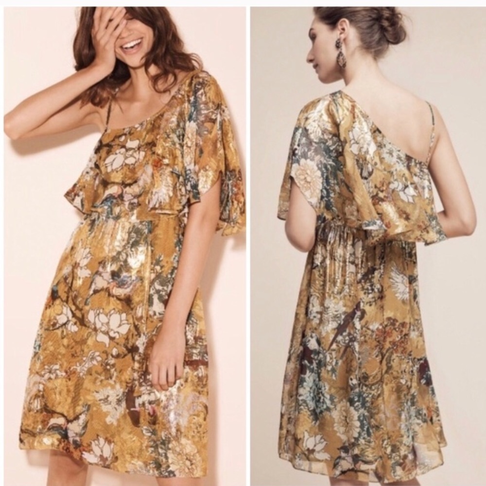 Anthropologie silk dress gold details fall